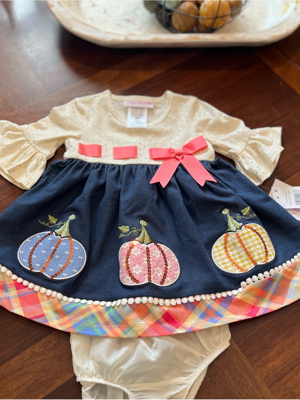 Bonnie Baby Navy & Cream Pumpkin Appliqué Dress with Pink Bow 12/18